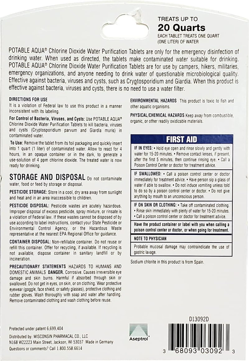 Potable Aqua Chlorine Dioxide Water Purification Tablets - 20 Count - Image 2